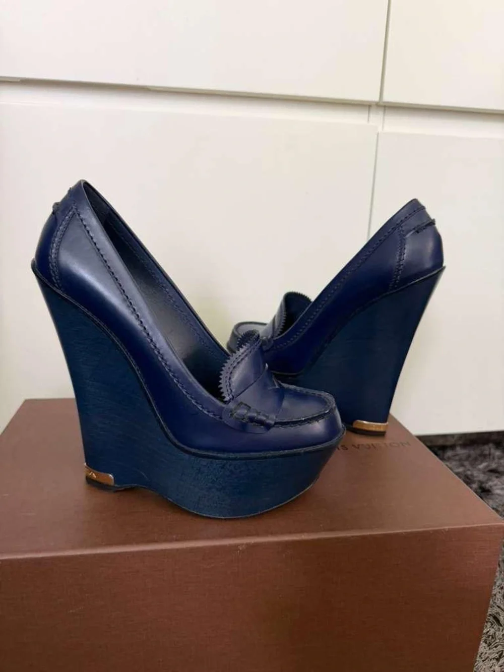 Louis Vuitton Navy Leather Platform Wedge Loafers limited edition